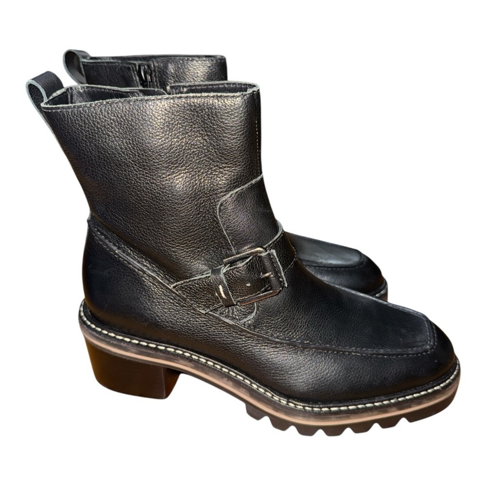 Bernardo Black Heeled Boots with Stacked Heel and Buckle - Picture 3 of 6